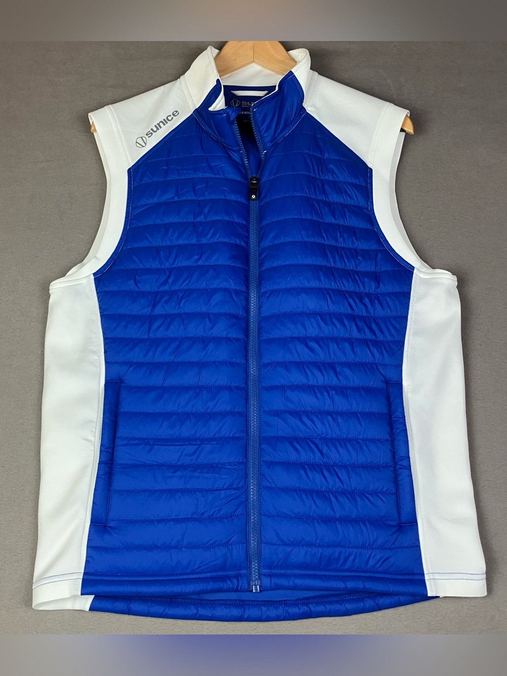 Sunice Men’s Size M Hamilton Thermal Hybrid Puffer Vest Golf Blue White Full Zip